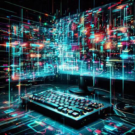 glitch, flickering, digital, glitch style, Close-up of a computer screen displaying complex lines of code, illuminated in a dark room, reflecting the process of learning programming