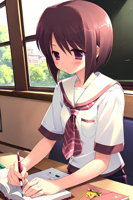 ((masterpiece, high quality, best quality)),
1girl, classroom, brown hair, short hair, chalkboard, blush, purple eyes, desk, book, pencil, sitting, school uniform, 
<lora:gayaro-style_v1.0:0.8>