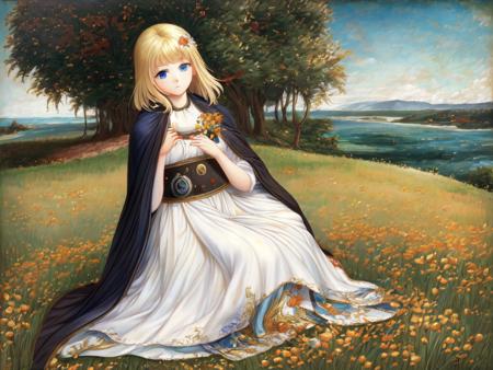 on meadow; solo waifu, gathering flowers, with blonde hair, blue eyes, white dress and black cape; exceptional, best aesthetic, new, newest, anime, masterpiece, best quality, ultra detailed; golden ratio, painting by John William Waterhouse