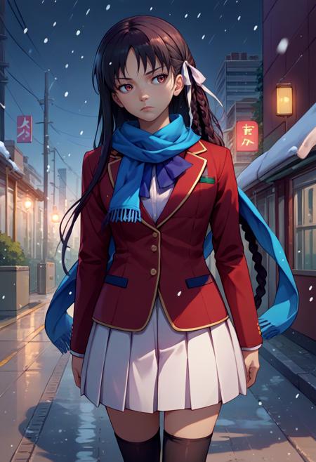 horikita suzune, braid, hair ribbon school uniform, red jacket, blazer, blue bow, long sleeves, white skirt, black thighhighs
