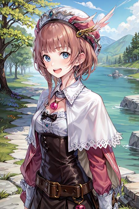 charrorona, 1girl, solo, masterpiece, best quality, smile, upper body, capelet, open mouth, hat, jewelry, standing, hat feather, belt, dress, skirt, bow, blush, looking at viewer, necklace, pendant, arms at sides, outdoors, forest, lake, river,<lora:roronav1a:0.9>