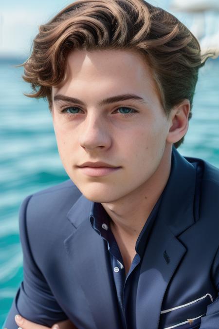 a young man in a blue suit, on a yacht, vacation photo, (close up, head shot), raw, 8k, uhd, fujifilm xt3, highly detailed face, <lora:sprouse:1>, perfect day