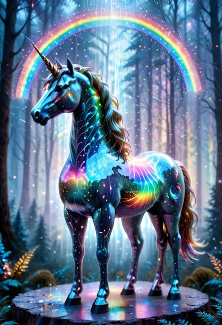 lazympos, h4v_h0l0, holographic unicorn with horn made of starlight filaments and rainbow refractions, standing in a cracked lightscape, fog swirling with rainbow particles, fairy forest