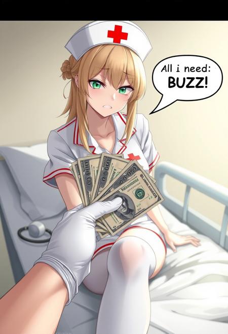 score_9,score_8_up,curvy,expressive,good_hands,<lora:Expressive_H:1>,Expressiveh,depth of field, beautiful, fantastic and realistic anime style, 
No watermark, No signature, No logo
No pubic hair, No censored, No Deformed body parts, No logo, No Incomplete body parts,
1 girl, 27 year old, beautiful and sharp face, slender and dynamic nice body, erotic clothes, blonde hair, jade green eyes, angry
nurse, mini skirts, white_pantyhose, leg_garter, white gloves, nurse_cap, white clothes, red cross mark, 
girl's speech bubble: "All I need is BUZZ!"
"A realistic depiction of a nurse in a white uniform and cap with a red cross, sitting in a side of clinical bed. In the foreground, a hand offers a stack of currency, creating a contrast between medical professionalism and monetary implication. The scene is well-lit with a neutral background."