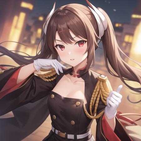 (masterpiece, best quality:1.2),absurdres,highres,1girl,solo,upper body,haruna (azur lane),bangs,belt,belt buckle,black dress,black thighhighs,brown hair,collarbone,eyebrows visible through hair,long hair,long sleeves,loose belt,oni horns,red eyes,short dress,swept bangs,tassel,twintails,white belt,white gloves,wide sleeves,zettai ryouiki,<lora:Haruna(azur)>,