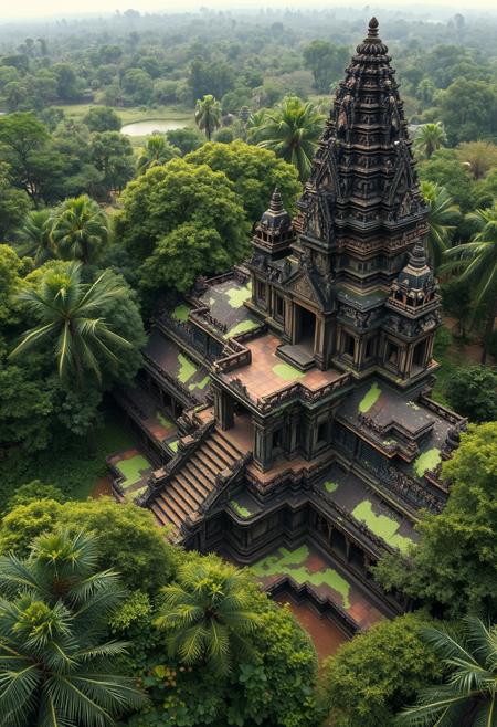 The angkor temples made of slime in the unexplored jungle viewed from above