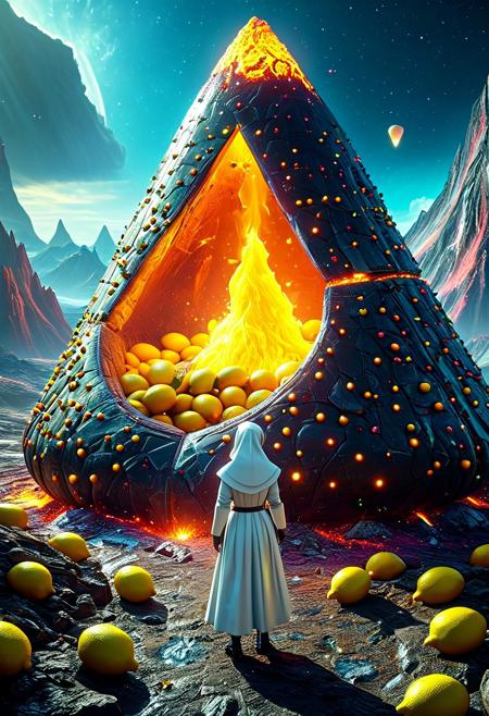 wl_lemons, 
lump, just, accident, dilute, edge, ward, nun, shiver, inflate, volcano, Fire, Conflict, Justice, Selfish, Father, Eyes, Heartbreak, Escape, Art, 
3d-rendering, concept-art, digital, dreaminess, futuristic, multimedia, sculpture, virtual-reality,
eeriness, fantasy, other-worldliness, science-fiction, surreal, colorful, sci-fi style, technological, alien worlds, space themes, advanced civilizations, 
best quality, masterpiece, aesthetic, intricate details, highly detailed, ultra-detailed, absurdres, unreal engine, octane rendering, vivid, vibrant, volumetric lighting, sharp focus,