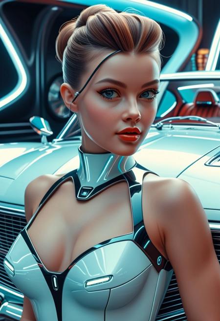 Futuristic electric super car, retro 1960-style  futuristic, girl pinup model standing next to car, masterpiece, 8k,absurdres, intricate details, focus on girl's face, (car's shapes continue behind girl),
close to viewer, upper body picture, 
beautypinupart, 1girl, futuristic car,