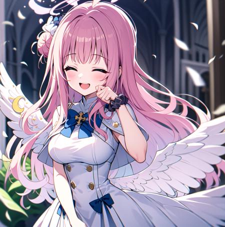 mika (blue archive), pink hair, single side bun, 1girl, capelet, wrist scrunchie, hair bun, long hair, halo, scrunchie, wings, white capelet, closed eyes, hair ornament, white wings, flower, smile, hair flower, white dress, bow, blue bow, dress, index finger raised, open mouth, blurry, crescent, upper body, mask, bangs, breasts, low wings, feathered wings, very long hair, hand up, :d, gas mask, hood, medium breasts, depth of field, ^_^, blurry background