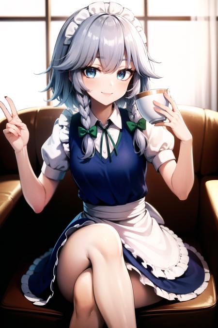 Sakuya maid headdress, izayoi sakuya, braid, twin braids, grey hair, short hair, sakuya, solo, looking at viewer, bow, blue eyes, hair bow, green bow, bangs, maid, puffy sleeves, short sleeves, apron, dress, blue dress