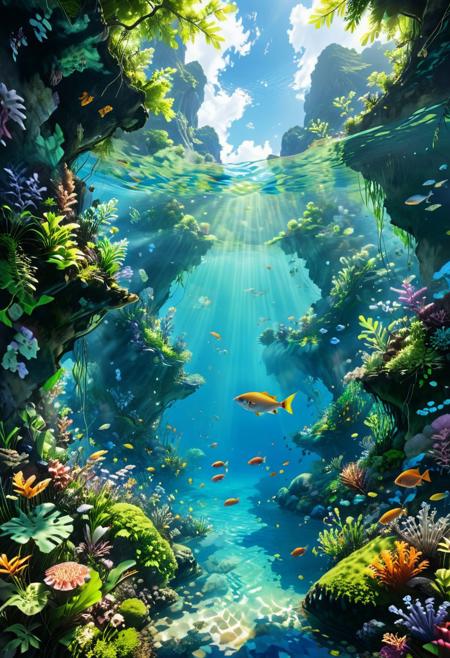 This ultra high-resolution masterpiece is characterized by its beautiful lighting and breathtaking details. Set in a lush green forest with majestic mountains, the scene is bathed in bright sunlight that illuminates crystal-clear water, creating a mesmerizing deep underwater effect.
The composition skillfully combines elements of anime and realism, with a character appearing half above the water and half below, surrounded by a clear underwater environment teeming with tropical fish. The scene is further enhanced by the presence of a beautiful sky filled with clouds and smoke, adding depth and dimension to the overall composition.