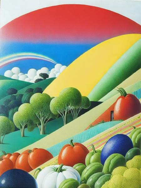 <lora:HiroshiNagai:1>a painting of a variety of vegetables on a hill with a rainbow in the background by Hiroshi Nagai