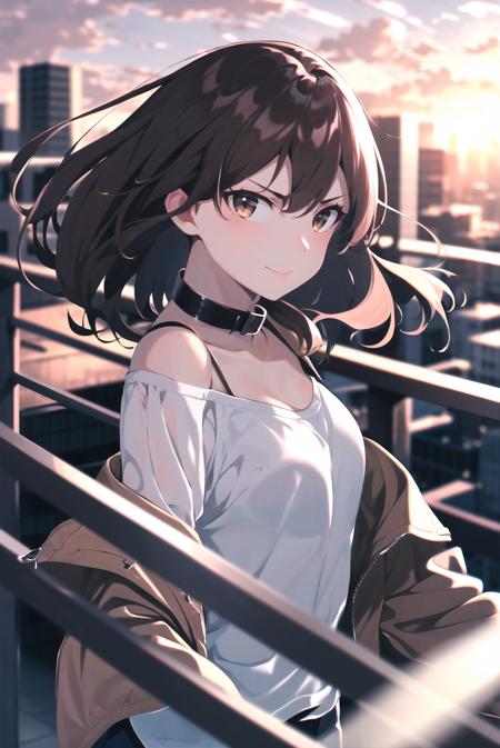 rolua, 

1girl, backlighting, black collar, blurry, blurry background, blurry foreground, breasts, brown eyes, chromatic aberration, city, cityscape, cloud, collar, dark, depth of field, evening, eyes visible through hair, fence, film grain, floating hair, glitch, hair strand, jacket, lens flare, light brown hair, light smile, looking at viewer, looking to the side, off shoulder, orange sky, outdoors, railing, rooftop, serious, shirt, sky, small breasts, solo, sunset, translucent hair, upper body, white shirt, wind

, ((masterpiece))

<lora:rolua:0.6>