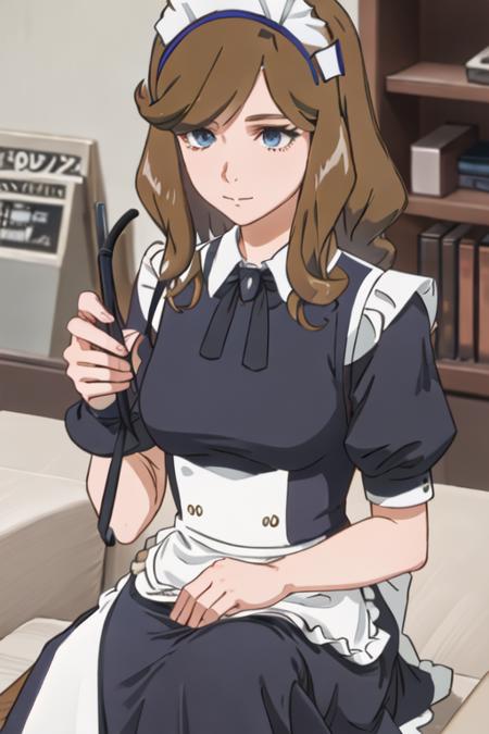 best quality, masterpiece, highres, solo, {maid:1.40}, {long maid dress:1.15}, {himekawa_mizuho_birdiewinggolfgirlsstory:1.15}, brown_hair, long_hair, hairband, blurry, closed_mouth, blue_eyes