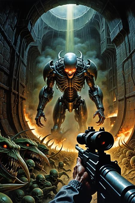 (best quality, masterpiece:1.2), absurdes, concept art, surreal
(POV:1.1), point of view subjective camera, view of a hand of a character with a minigun, in a tunnel, (firing multiple evil creatures:1.5), (evil crowd attacking the viewer:1.2), (too many monsters, surrounded, epic battle:1.2), gunfire, explosion, bodycam style, action, dynamic composition, cinematic, dramatic light, creative, cinematic color style, Kodak film style, point of view style, science fiction, horror \(theme\), darkness, glow, H.R. Giger, Zdzislaw Beksinski
cinematic film still of <lora:point of view style v3:0.7> <lora:sdxl_lora_beksinski:0.4> digital artwork by Beksinski
<lora:RMSDXL_Creative:0.25>