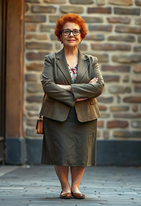 full body shot masterpiece portrait of a plump mature woman::1.4, Norman Rockwell style::1.2, realistic impressionist art::1.1,
(physical description: full body shot, plump build, mature age, red curly hair, wearing glasses, arms crossed:1.1)
(facial features, expression: soft and confident expression, gentle smile lines, thoughtful gaze through round glasses:1.0)
(clothing details: tailored jacket paired with a knee-length skirt, round toe flats in a coordinating color:1.0)
(accessories: simple earrings or minimal jewelry, subtle handbag or no bag:0.9)
(background setting: urban sidewalk or small town square, textured stone or brick background:0.9)
(lighting style: natural soft daylight with warm highlights:0.8)
(composition and camera framing: full body centered portrait, eye-level angle, candid posture with arms crossed:1.0)
(emotional tone or theme: self-assured, comfortable elegance, quietly bold presence:0.9)
(technical execution: clean sharp details, rich color tones with natural shadows, painterly realism:0.8)