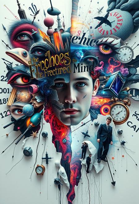 The phrase "Echoes of the Fractured Mind" appears in elegant, yet slightly distorted calligraphy, integrated into the surreal landscape. Hyper-detailed, with a mix of photorealistic and abstract elements. Rich, oversaturated colors blend with areas of stark, clinical whiteness.
A digital art piece visualizing the inner world of schizophrenia. Fragmented reality splinters across the canvas, with multiple perspectives and timelines overlapping. Vivid hallucinations materialize: eyes peek from impossible places, whispered words become tangible, floating text. Paranoid delusions manifest as shadowy figures with malevolent grins lurking at the edges. 
Intense emotions swirl in neon colors - fear, confusion, and fleeting moments of clarity. Everyday objects morph into surreal, threatening forms. A cacophony of voices represented by swirling, chaotic patterns. Time distorts, with clocks melting and numbers scrambling.
Central to the image, a fragmented self-portrait struggles for coherence amidst the chaos. Layers of perception peel away, revealing both inner torment and moments of profound insight. Symbols of disconnection - frayed neural pathways, shattered mirrors - contrast with images of hope and resilience.