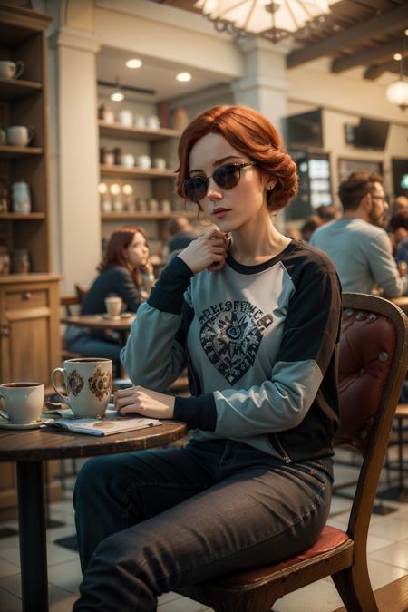 (masterpiece, best quality:1.2), <lora:orianna-18:0.6>, oriannaW3_soul3142, 1girl, solo focus, red hair, sunglasses, jacket, tshirt, pants, indoors, sitting, chair, cafe, coffee, table, window,