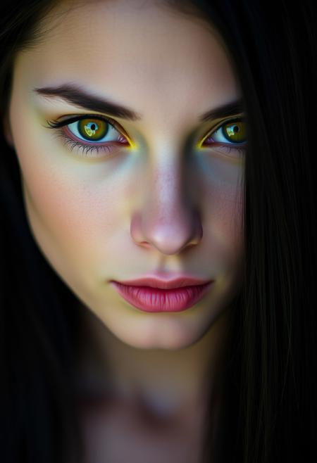 Photographic portrait of a beautiful woman with solid yellow eyes, no pupils, no iris, long straight black hair.