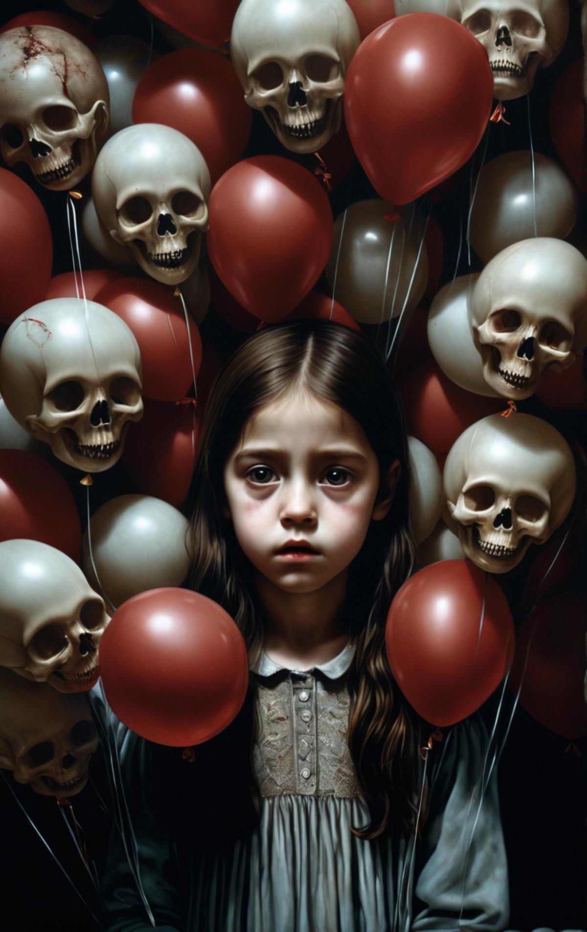 A young girl surrounded by balloons and skulls.