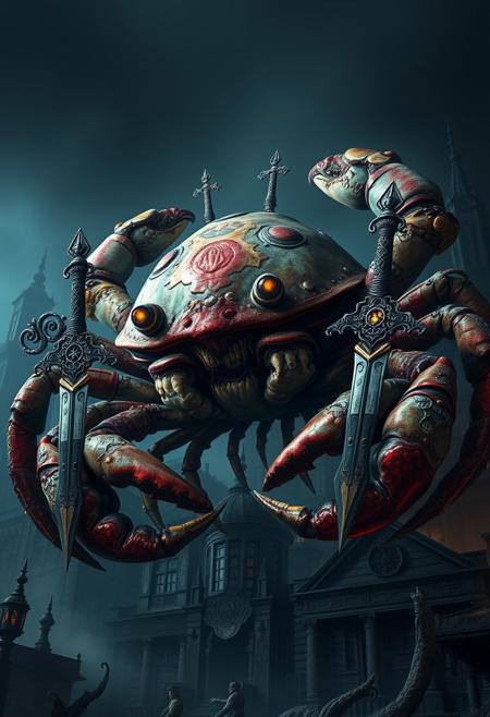"Hyper-realistic depiction of a stylized crab boss, inspired by the dark, Gothic world of Bloodborne. The crab's shell is a twisted, nightmarish amalgamation of crustacean and human features, with bulging, pulsing growths and eerie, glowing markings. Each claw grasps a unique, ornate sword, adorned with cryptic symbols and macabre decorations. The crab's eyes glow with an otherworldly energy, as if fueled by dark, eldritch powers. The surrounding environment is a dark, mist-shrouded, Victorian-era inspired cityscape, complete with crumbling architecture and twisted, organic growths. Style: extremely detailed, hyper-realistic, and darkly atmospheric, with a focus on capturing the eerie, unsettling essence of Bloodborne's world and the crab's terrifying, imposing presence."