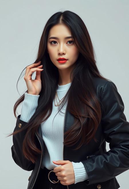 there is a woman with long hair wearing a black jacket, park shin hye as a super villain, jiyun chae, portrait of female korean idol, kim jung giu, female actress from korea, by Zhou Wenjing, korean women's fashion model, gorgeous young korean woman, dilraba dilmurat, beautiful young korean woman, whitebangsblackhair