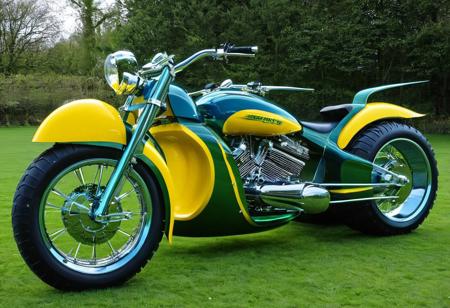 photo of a low-slung wide,futuristic muscle motorcycle TRIKE. STREAMLINED FULLY ENCASED BODY, YELLOW and GREEN AND BLUE, LARGE FAT TYRES
