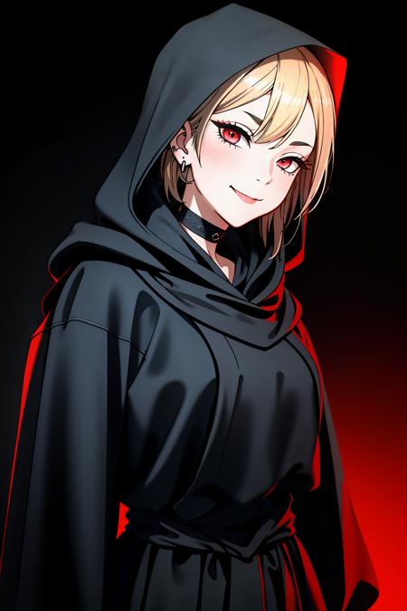 ((Masterpiece, best quality)),edgQuality,smirk,smug, hair inside the hood,short hair,
edgCultist, 1girl, solo,  looking at viewer, hood, glowing eyes , black background, portrait, glowing eyes, cloak, dark, hooded cloak ,wearing edgCultist_hood,ominous,dark
<lora:edgCultistHood:1>  <lora:MarinKitagawa:0.65>gradient blonde hair color, piercings, choker,red eyes,