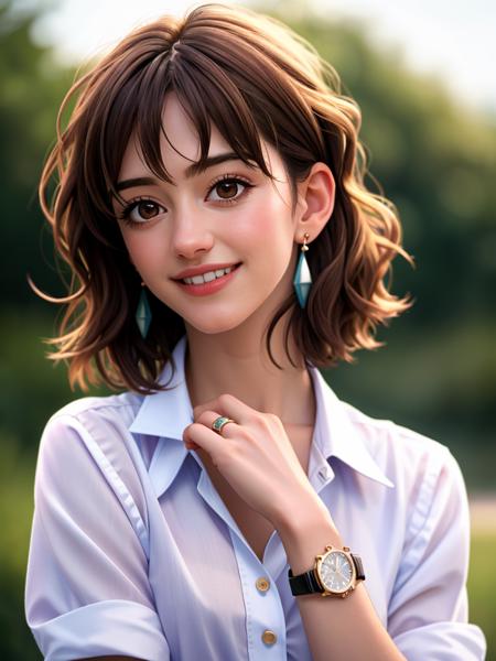 Realistic photo of a beautifuld41sy3dg4r woman,1girl,solo,smile,short hair,brown hair,shirt,brown eyes,jewelry,upper body,earrings,outdoors,teeth,medium hair,mole,grin,blurry,bracelet,lips,blurry background,ring,realistic,wristwatch, soft lighting, professional Photography, Photorealistic, detailed, RAW, analog, sharp focus, 8k, HD, high quality, masterpiece<lora:d41sy3dg4r:1.0>