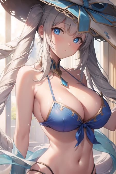 fgomarieantoinette, <lyco:marieantoinette-lyco-nochekaiser:1>,
marie antoinette, blue eyes, long hair, white hair, twintails,
BREAK bikini, blue bikini, frilled bikini, frills, front-tie top, hat, jewelry, navel, necklace, sarong, sun hat, swimsuit,
BREAK looking at viewer,
BREAK indoors,
BREAK <lyco:GoodHands-beta2:1>, (masterpiece:1.2), best quality, high resolution, unity 8k wallpaper, (illustration:0.8), (beautiful detailed eyes:1.6), extremely detailed face, perfect lighting, extremely detailed CG, (perfect hands, perfect anatomy),