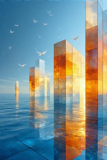 A fractured waterfront dissolves into crystalline geometry under a cubist sky, amber and saffron prisms refracting liquid light across cerulean planes. Low-angle perspective amplifies the surreal scale: jagged glass-like facets cascade toward a razor-thin horizon, converging at a focal point where angular structures mimic icebergs in a still, metallic sea. Picasso’s fractured forms merge with Mondrian’s minimalism; sharp shadows carve honeycombed textures into matte surfaces, while translucent blues bleed into citrus hues like watercolor on steel. Ethereal tranquility hums through the air, a shimmering heat haze blurring edges, with ghostly origami cranes hidden in the geometry—silent, symbolic, suspended between dimension and dream.