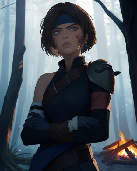 Smellerbee, petite,, short brown hair,  red facial mark, brown eyes , eyeliner,  (arms crossed),  bore expression,  
SmelAtt, dark blue headband, (white gloves), leather chest plate, single shoulder pad, red armband , pants, boots, blue pelvic sash
forest, mercenary camp,  nighttime,  campfire, 
(insanely detailed, beautiful detailed face, masterpiece, best quality)    <lora:Smellerbee:0.8>