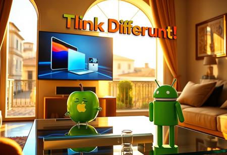 "In a stylish Italian apartment, a cartoonish green apple with expressive eyes, simple arms, and legs sits on a sleek glass coffee table, watching a high-tech OLED TV mounted on the wall. The TV plays an Apple computer commercial in vivid 4K, showcasing sleek and futuristic product designs. Golden sunlight spills through an arched window, casting a warm glow across the room, with a view of cobblestone streets and terracotta rooftops.
Next to the apple stands the iconic Android logo robot—a small, green, smooth-bodied droid with antennae and rounded limbs. The droid’s simple, friendly design contrasts with the apple’s glossy, cartoonish appearance. They both face the TV, seemingly captivated by the tech commercial, with the apple leaning forward in excitement and the Android robot standing calmly beside it.
Above the TV, a brightly colored cardboard sign reads 'Think Different!' in a mix of Renaissance-inspired and modern typography. The sign is intricately laser-cut and backlit with soft LEDs, casting dynamic shadows on the stucco wall. The room combines classic Italian design—exposed brick and wooden beams—with cutting-edge technology like smart lighting and rotating digital art displays. The cartoonish green apple and the iconic Android robot perfectly embody the playful blend of tech innovation and timeless Italian charm."