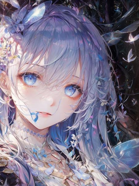 <intricate details, cinematic light, (finely detailed face and beautiful eyes)>,  (medium long shot), (cowboy shot:1.3), ((14 years old)), (small breast size), (blue hair), (blue gradient hair),bare skin, fairy, (transparent fairy wings), blue skin, pixie ears, (in the enchanted forest:1.3), (blue neon trees), (night), (neon fireflies), glowing dust, white particles in the air, BREAK, <high resolution illustration, (masterpiece:1.5), (best quality:1.2), coloful, rim lighting, spot lighting, (beautiful and clear background:1.2), detailed background, (finely detailed face and beautiful eyes), (pretty face:1.2)>, (teen:1.3), 1girl,eyes shine,  hair between eyes,sweet lips,