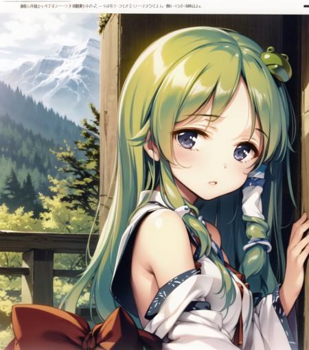 solo, <lora:ke-ta-15:1.01>, kochiya sanae, mountain, 1girl