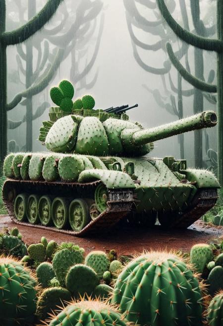 Product photo, A tank made out cactus, in a rainforest, raining, detailed,, film grain, polaroid photo