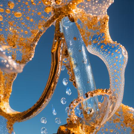 a close-up painting of a water fountain with a blue sky in the background and water droplets on the bottom of it, and a blue sky in the background, art by waterworksv2-5000