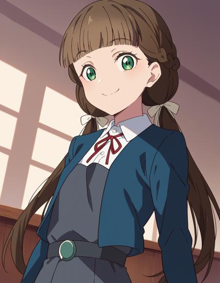 <lora:kinako-sakurakouji-s2-ponyxl-lora-nochekaiser:1>, kinako sakurakouji, long hair, bangs, brown hair, twintails, green eyes, hair ribbon, braid, blunt bangs, low twintails, shirt, dress, ribbon, school uniform, jacket, white shirt, open clothes, collared shirt, open jacket, red ribbon, neck ribbon, blue jacket, pinafore dress, grey dress, yuigaoka school uniform,