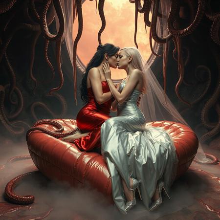 Two ladies, an evil powerful mature slender supermodel lady in a whorish red glossy satin camisole and a innocent weak young blonde bride in a silver foil fitted camisole, passionately kiss, entangled in long tentacles, on a glossy slime-covered giant heart-shaped bed, covered with giant ultrathin transparent slime veil, under streaming tentacles canopy, weird alien hive slime walls and fleshy floor, fog from the floor, giant portal to outer space at background,  reminiscent of H.R. Giger, Zdzisław Beksiński, and Ash Thorp's dark, sleek styles, with close-up glamour photography, glossy satin and silver heels glistening, fleshy slime dripping, and dark shadows.