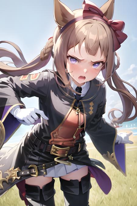 sweep tosho \(umamusume\), shobufuku, hair bow, twintails, hair rings, very long hair, black robe, white gloves, wide sleeves, white skirt, belt, thigh boots, looking at viewer, solo , 1girl, horse tail, expressionless, open mouth, school, from below, perspective,racing stand, sweat