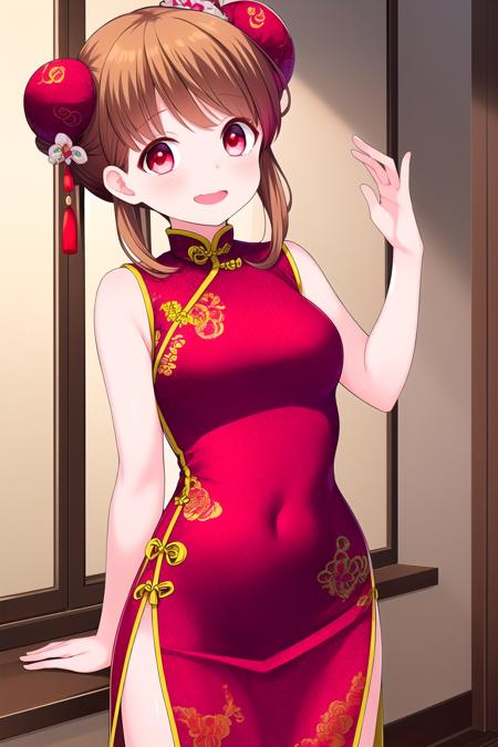 (masterpiece, best quality), highly detailed background, perfect lightingbest quality, amariakari, solo, indoors, brown hair, two-tone hair, red hair, double bun, bun cover, red eyes, black dress, china dress, sleeveless dress, <lora:GoodHands-vanilla:1>, chinese clothes, smile, open mouth, :d, wavy mouth, pink lips, <lora:Amari-Akari:0.7>