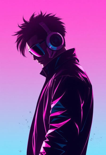 robert t techno style , Background: Clean, soft neon gradient with faint shadows and smudges, creating a stark contrast that emphasizes the character’s metallic textures and vibrant silhouette.