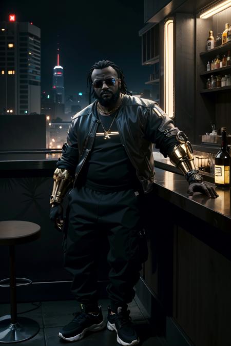 ((ultra detailed, masterpiece, best quality))
 <lora:CyberDexter:0.8>
CyberDexter, 1boy, solo, very dark skin, single mechanical arm, fat, On a sleek rooftop bar, casual yet stylish streetwear, city lights illuminating the night, leaning against a chic bar counter