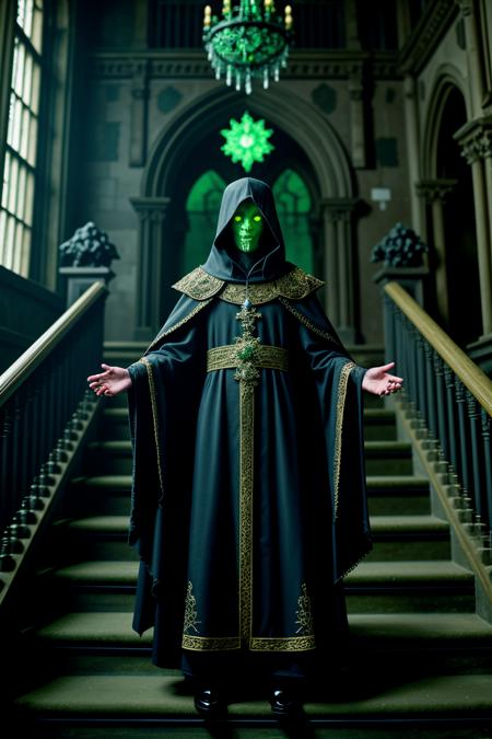 <lora:LCM_LoRA_Weights_SD15:1>,<lora:detail_slider_v4:1.3>,(malevolent lich) with glowing green eyes, wearing a black dark vestments, enchanted shoes, bearing a phylactery, surrounded by surrounded by a glowing aura, set in a haunting abandoned castle, with moss-covered staircases and rooms filled with the melancholy of forgotten memories,