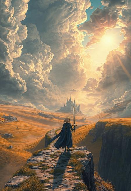 Vertical 9:16 anime-style sky in ultra-detailed 4K resolution. A vast, painterly sky stretches endlessly above, filled with massive, textured cumulonimbus clouds in complex, sculpted folds and subtle ridges. Wisps of cirrus drift between them, glowing faintly in soft golden light. Gaps between the towering cloud layers reveal pockets of radiant loght-blue sky, where warm beams of sunlight cascade down like divine spotlights.
Below, the landscape opens into a sweeping, mystical valley carpeted in golden grass and dotted with ancient, moss-covered stones. A narrow, winding path of worn cobblestones cuts through the terrain, leading far into the distance where a majestic castle fortress rises—its spires cloaked in mist, framed by ominous, dark storm clouds brewing overhead.
In the foreground, Saber from Fate/stay night stands at the edge of a rocky cliff overlooking the path, clad in her iconic silver-blue armor. Her long blue cape flows dramatically in the wind. She grips Excalibur tightly—its blade glowing with a faint, holy light—as her eyes fix on the distant castle, sensing the final battle to come.
The atmosphere is layered and cinematic: pastel pinks, silvers, and deep blues blend into a surreal, emotional palette. Light bloom, volumetric mist, and painterly cel shading add mood and dimension. The entire scene is composed like a still from an epic anime film—haunting, nostalgic, and full of anticipation.