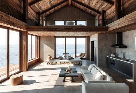 A wabi-sabi inspired single studio interior with the bed on a mezzanine and a public room and kitchen on the ground floor, set against serene seascapes. Designed by Dane Taylor Design, the space embraces simplicity, imperfection, and the use of natural materials such as weathered wood, stone, and raw metal. The design celebrates the beauty of asymmetry and the organic aging process of materials, creating a calm, serene atmosphere.
The open-plan layout allows the seascape to influence the interior, with large windows framing the ocean views and natural light enhancing the beauty of the materials. The light casts gentle shadows across the textured surfaces, emphasizing the imperfections that define the wabi-sabi aesthetic. Asymmetry in the architectural elements adds subtle interest without disrupting the minimalist layout, ensuring the space remains uncluttered and peaceful.
Architectural photography captures the harmonious relationship between the interior and the surrounding seascape, focusing on the interplay between the raw, natural materials and the tranquility of the ocean. The seamless transition between the mezzanine bedroom and the ground floor public spaces provides a clear division of function while maintaining a fluid, minimalist design. reflects the wabi-sabi philosophy of simplicity, imperfection, and natural beauty, creating a peaceful retreat connected to the sea.