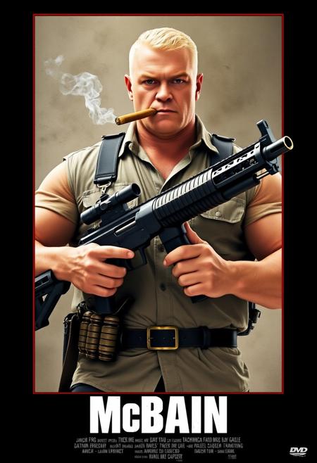 Movie poster, image of an a large muscular man with a blonde crewcut, wearing a ripped button up shirt. Gun holsters, grenade belt. A giant machine gun in both hands. Smoking a cigar. Title "McBain" credits on bottom