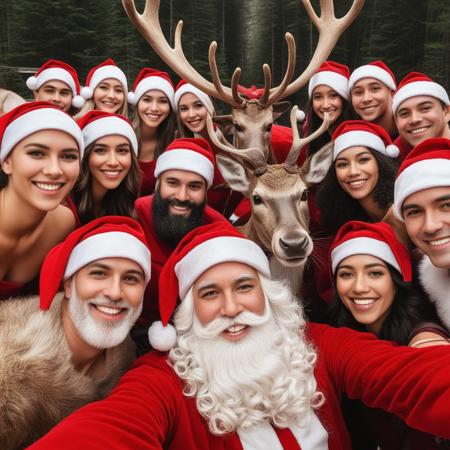 Selfie with several Santa reindeer with Santa in the center of the image