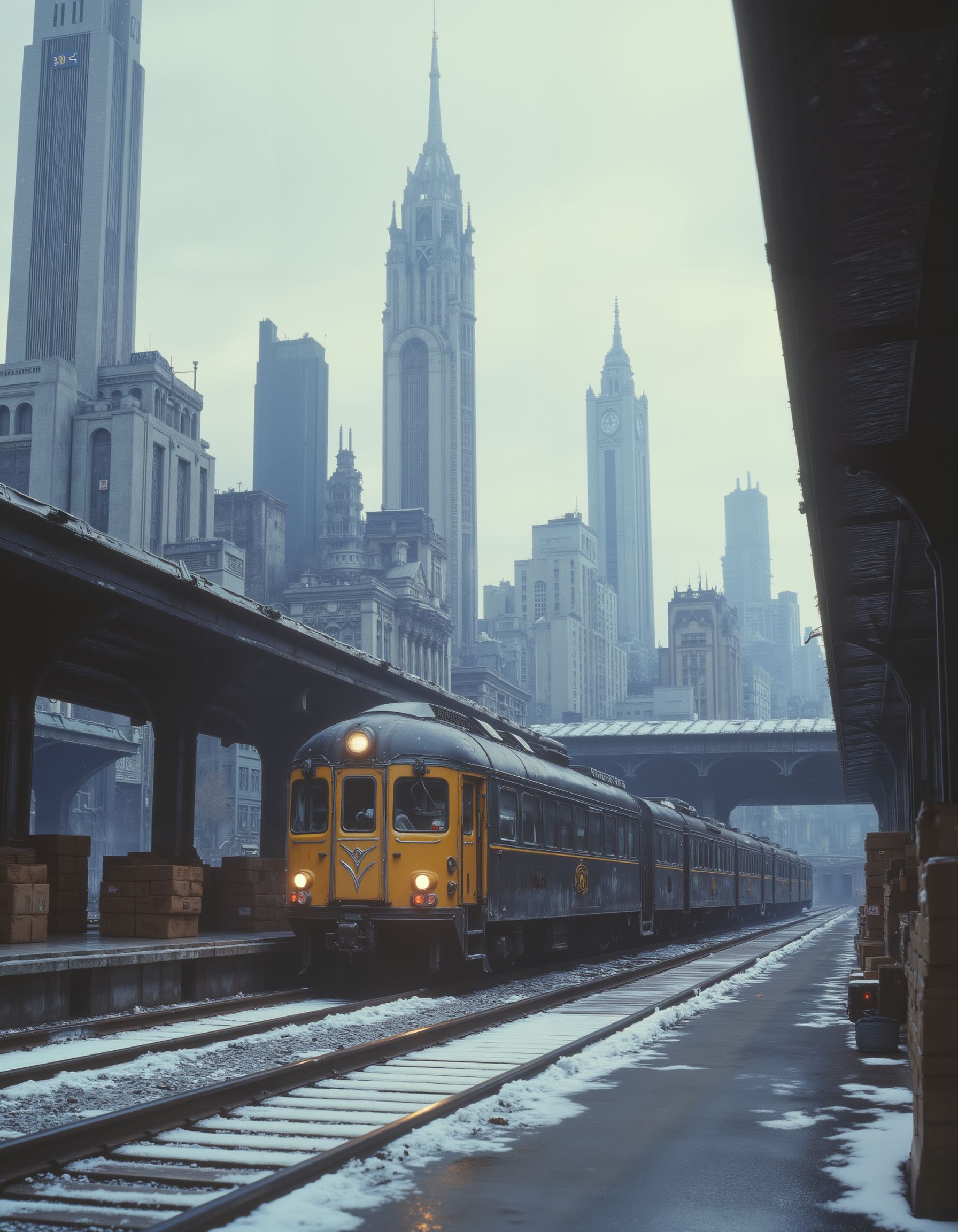 A yellow and gray passenger train with its headlights illuminated is stopped at a platform on snow-covered railway tracks that cut through an urban canyon formed by towering skyscrapers and concrete overpasses. In the background, several Art Deco-style skyscrapers rise dramatically against a hazy sky. 