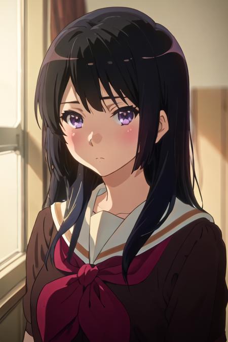 best quality, masterpiece, highres, solo, {kousaka_reina_soundeuphonium:1.15}, black_hair, long_hair, purple_eyes, blush, bangs, closed_mouth, serafuku, blurry, 1girl, brown_shirt, kitauji_high_school_uniform, looking_at_viewer, neckerchief, red_neckerchief, sailor_collar, school_uniform, white_sailor_collar, window, expressionless, indoors, shirt, upper_body, blurry_background